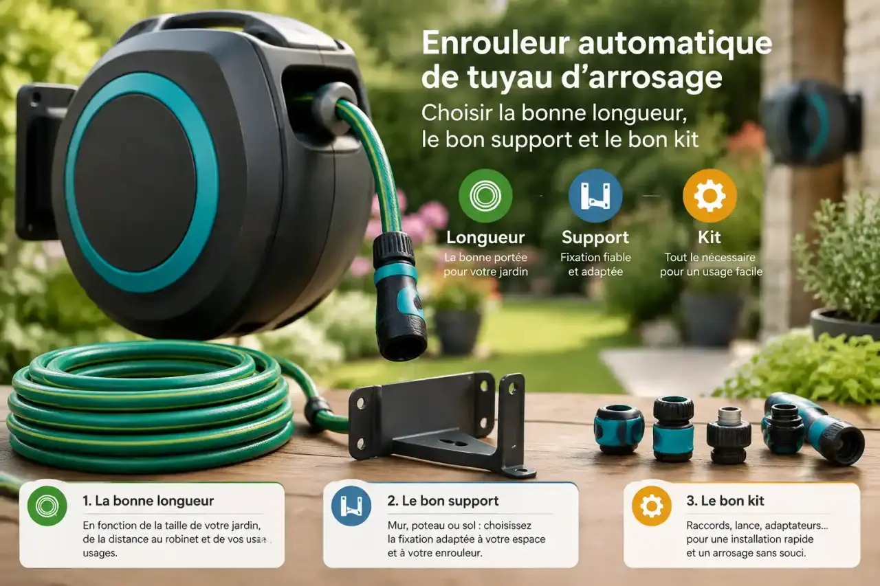 Enrouleur automatique de tuyau d’arrosage : choisir la bonne longueur, le bon support et le bon kit