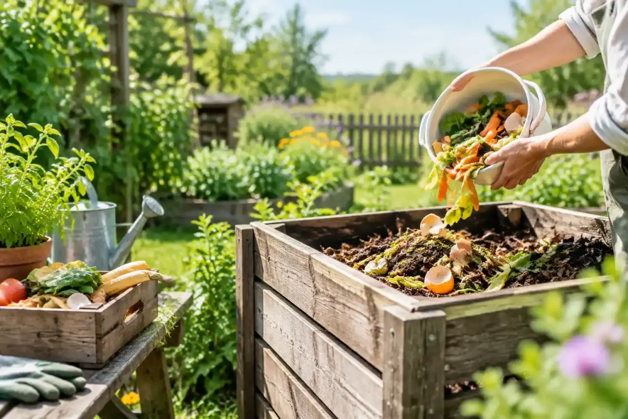 Mains déposant des matières organiques dans un composteur au jardin