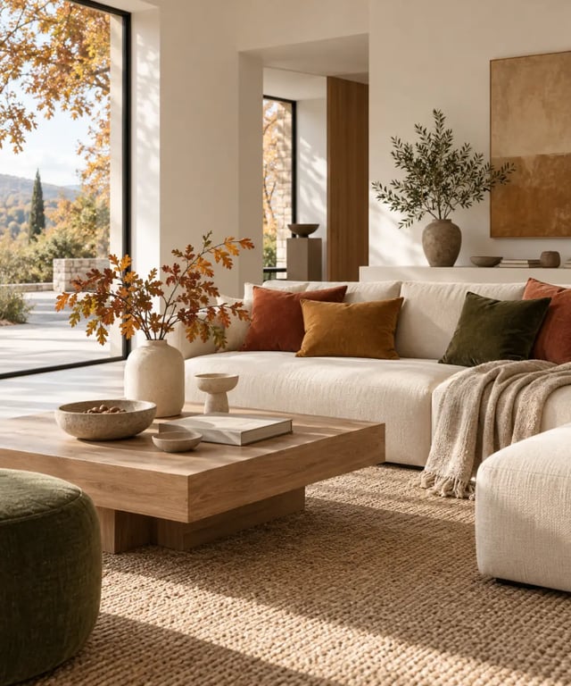 Décoration automne dans un salon avec palette terracotta, ocre et matières naturelles