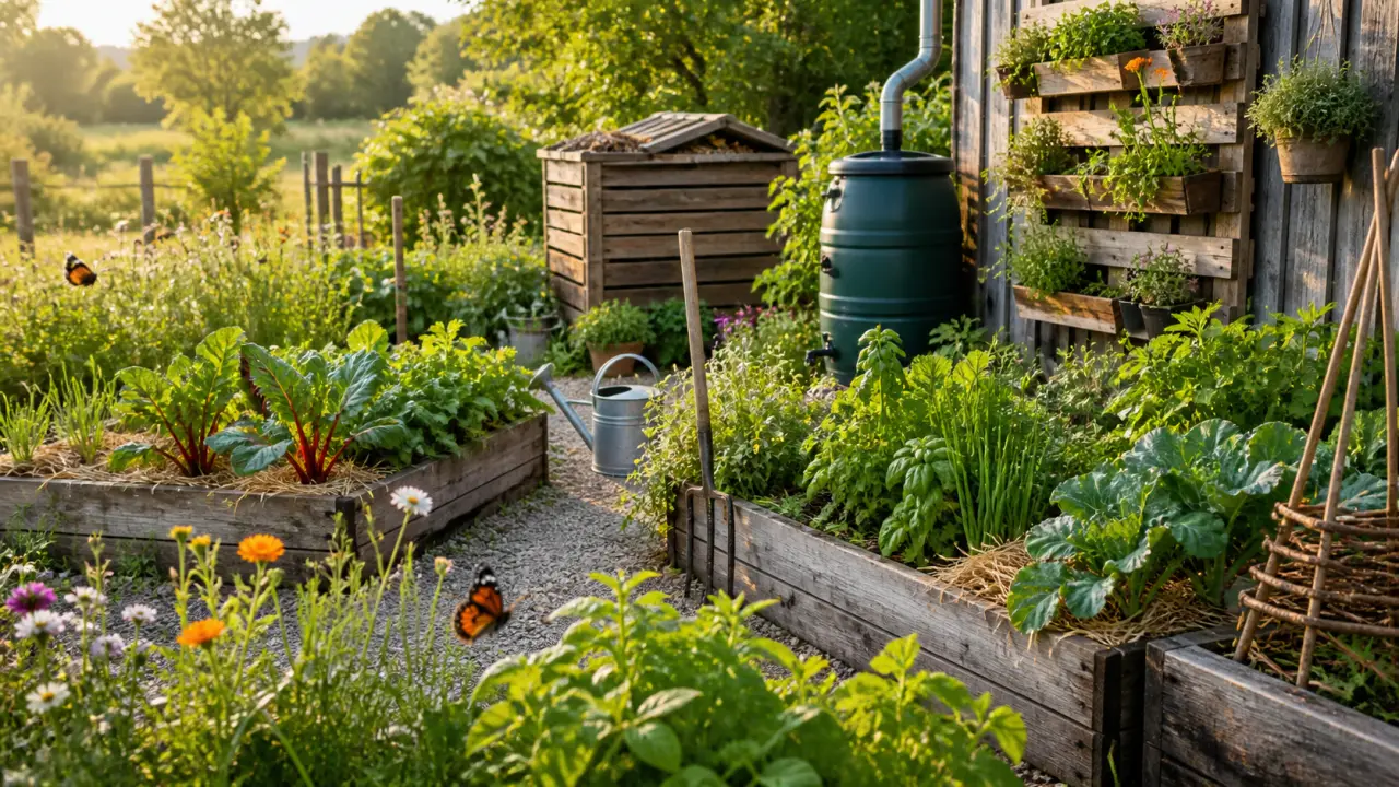 Mains tenant une jeune pousse avec sa motte de terre, dans une lumière matinale douce, avec un jardin flou en arrière-plan