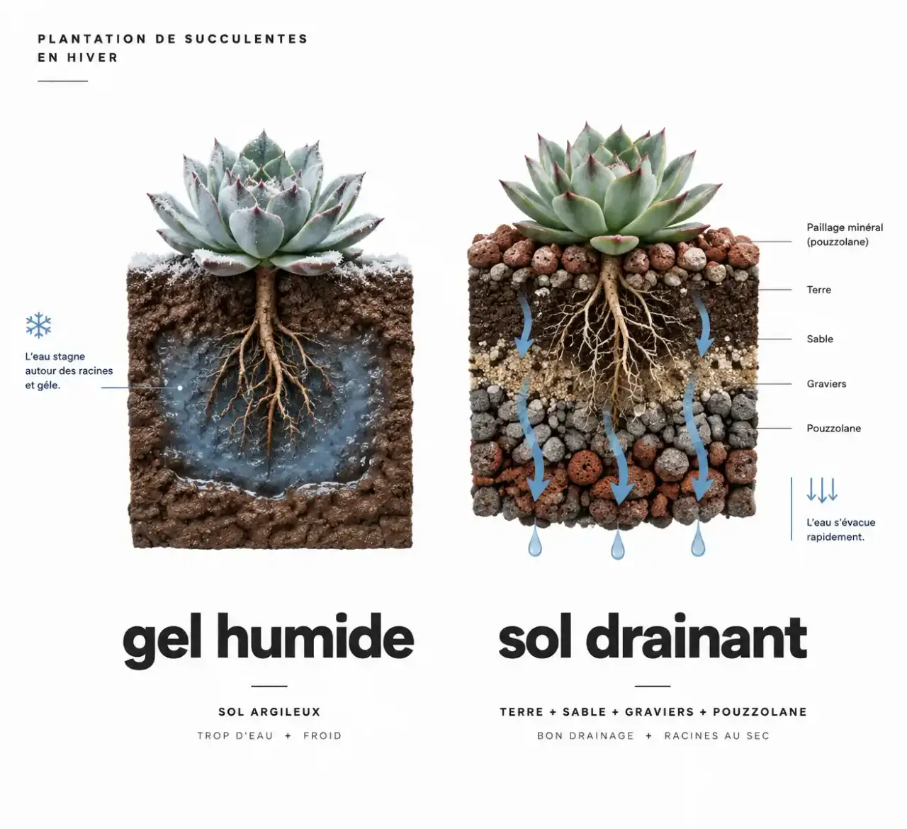 Schéma du drainage pour des plantes grasses extérieur qui ne gèlent pas : sol détrempé contre sol drainant