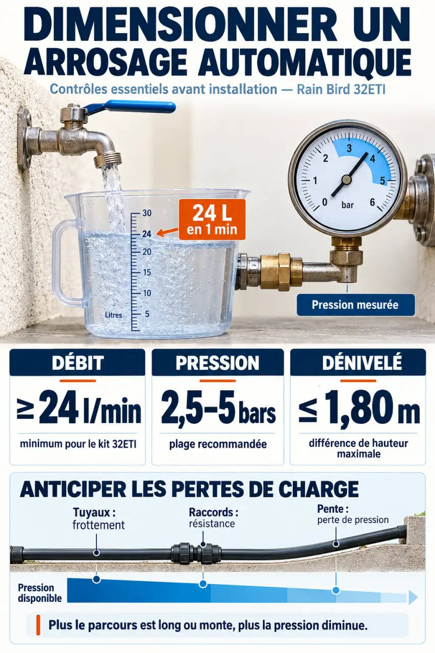 Infographie sur l’arrosage automatique Rain Bird avec mesure du débit, de la pression et du dénivelé