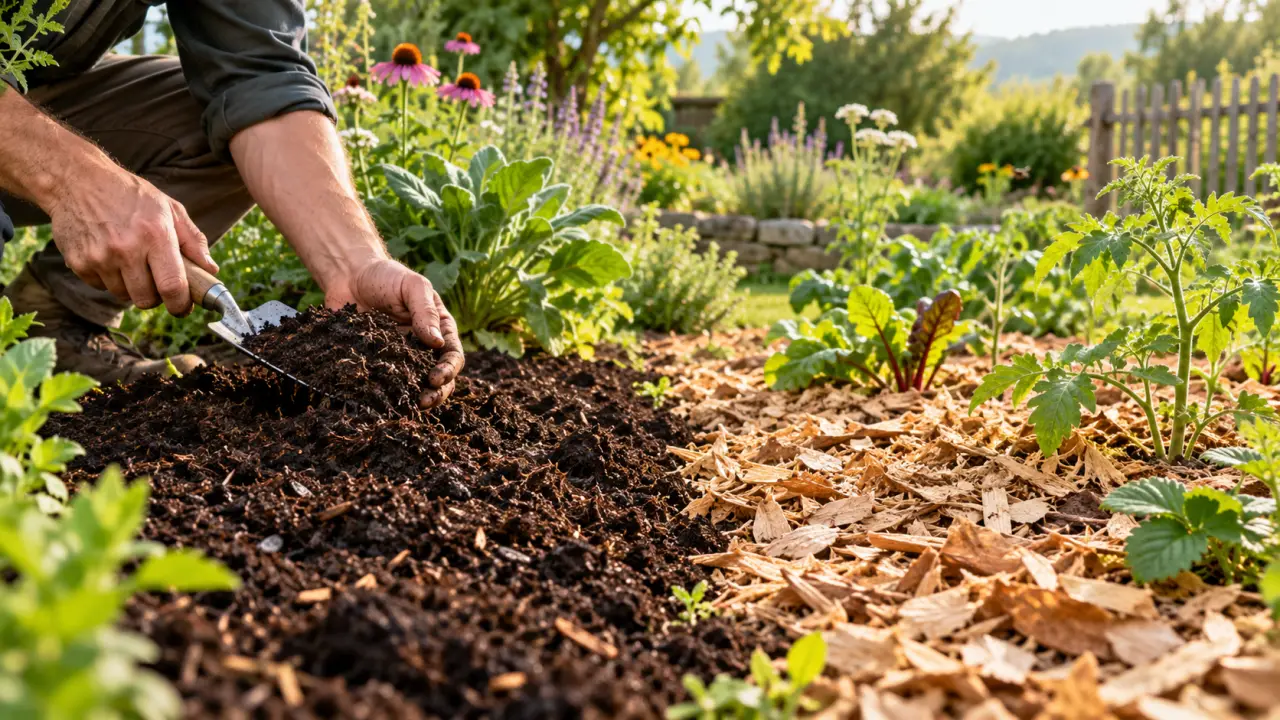 Mains tenant du compost mûr et des végétaux dans un jardin écologique