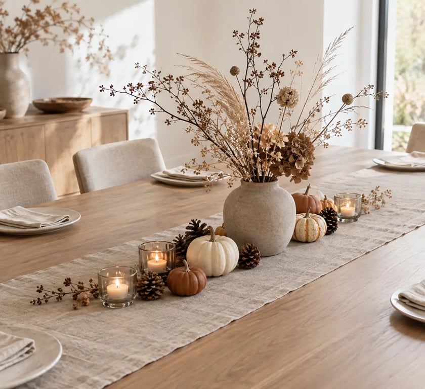 Décoration automne avec centre de table naturel, courges et fleurs séchées