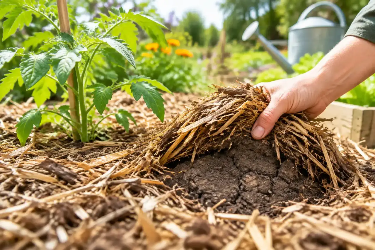 Paillage naturel installé autour de jeunes plants dans un jardin écologique