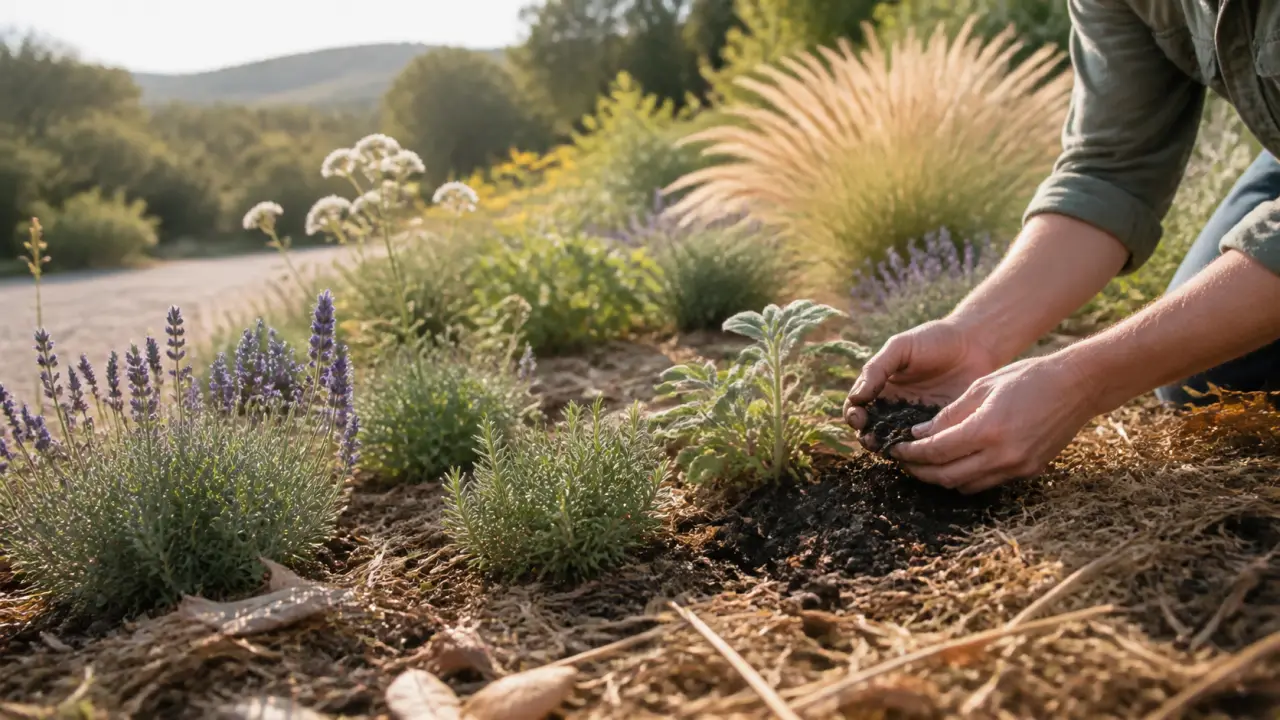 Mains tenant une jeune pousse avec sa motte de terre riche, dans une lumière matinale dorée
