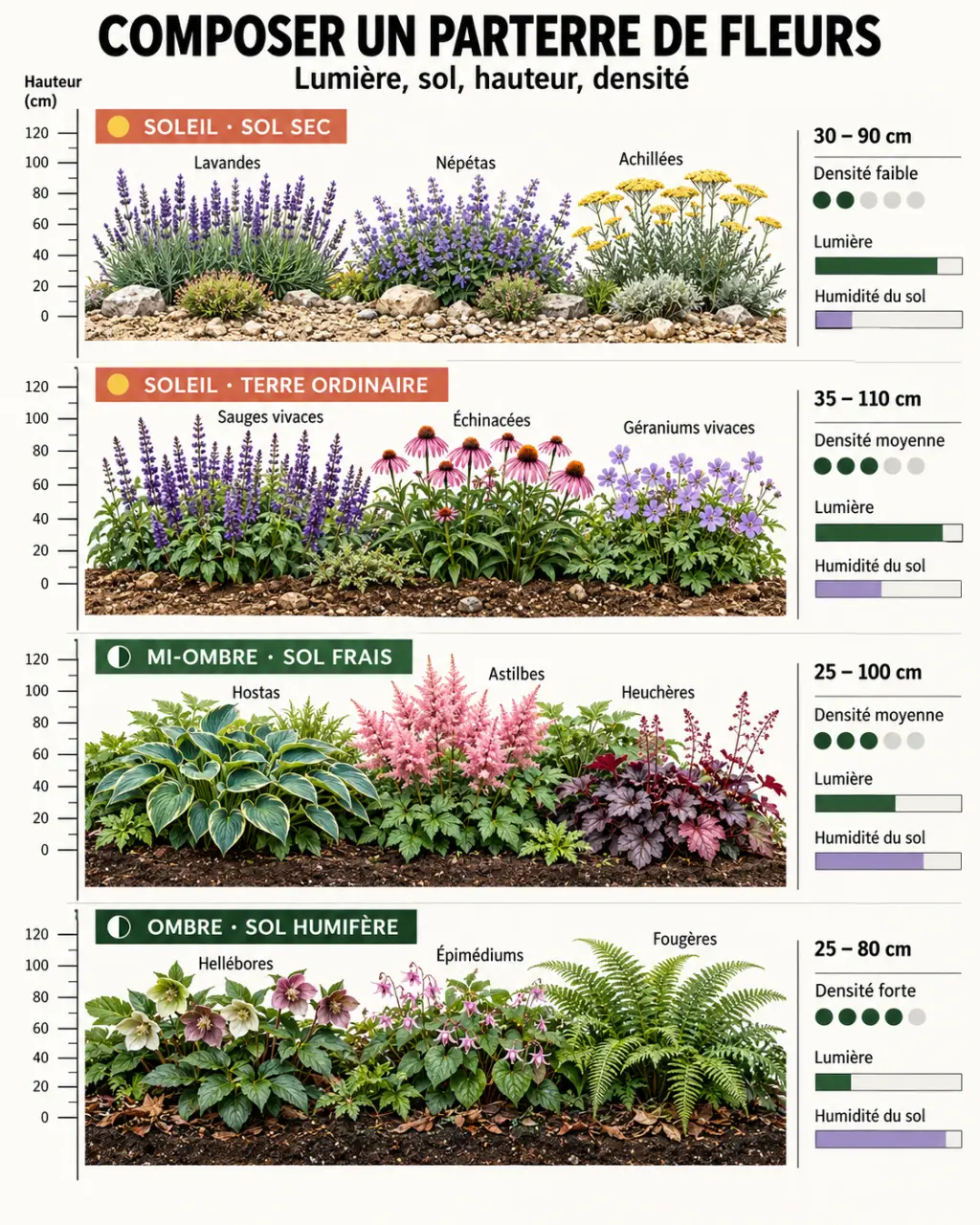 Infographie sur les associations de plantes pour un parterre de fleurs selon l’exposition et l’humidité du sol