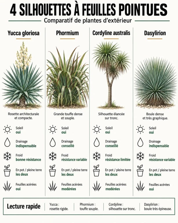 Plante longue feuille pointue extérieur : comparaison visuelle du yucca, du phormium, de la cordyline et du dasylirion