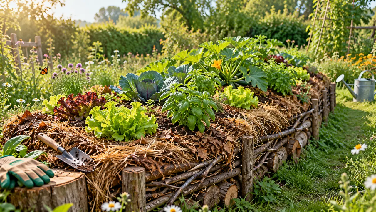 Butte de culture en permaculture dans un potager vivant et naturel