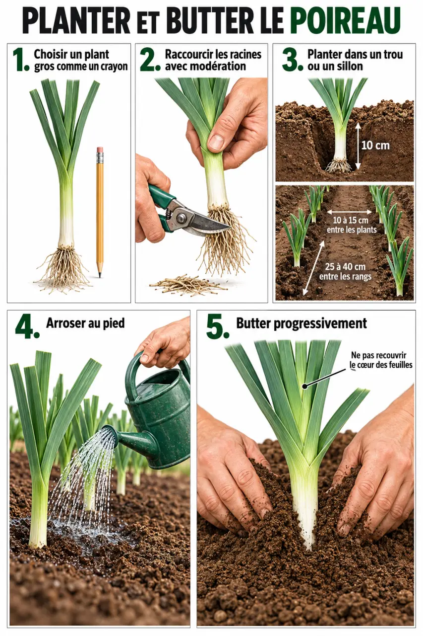 Étapes de plantation et de buttage du potager poireau