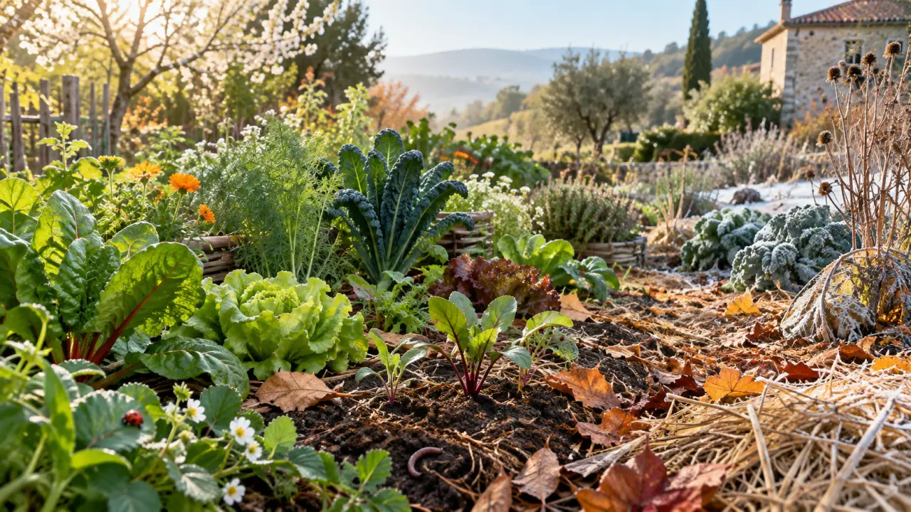 Mains déposant du compost et des feuilles mortes sur une terre de jardin