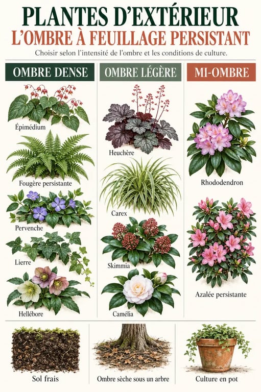 Sélection de plantes extérieur ombre persistant selon l’ombre dense, l’ombre légère et la mi-ombre