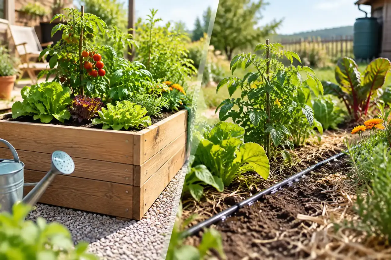Bac potager en bois et parcelle de légumes cultivée en pleine terre dans un jardin naturel