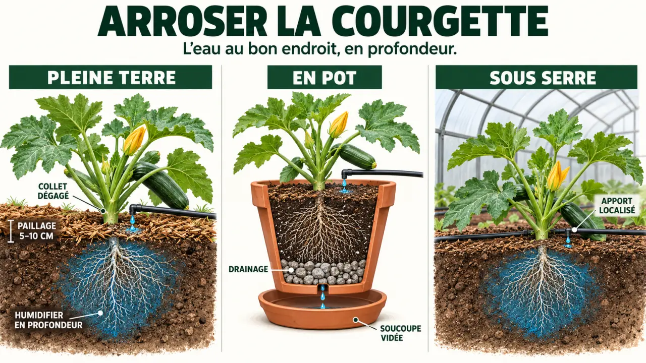 Infographie sur l’arrosage courgette en pleine terre, en pot et sous serre