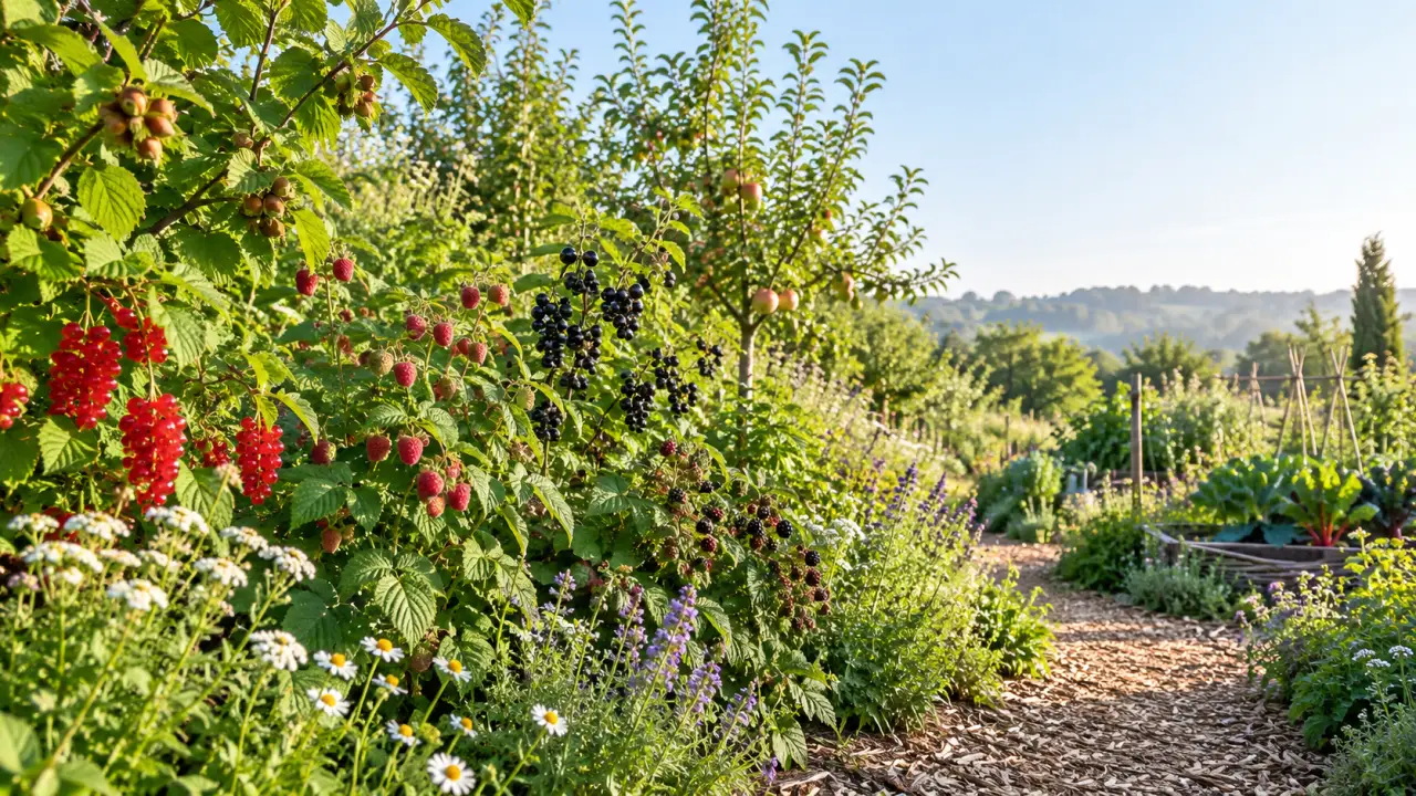 Haie comestible composée d'arbustes fruitiers dans un jardin naturel