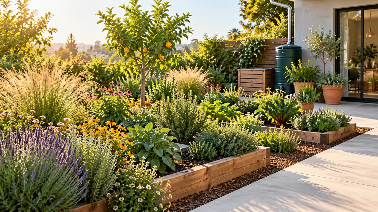 Patio transformé en jardin vivant avec des plantations, du paillage et un sol fertile