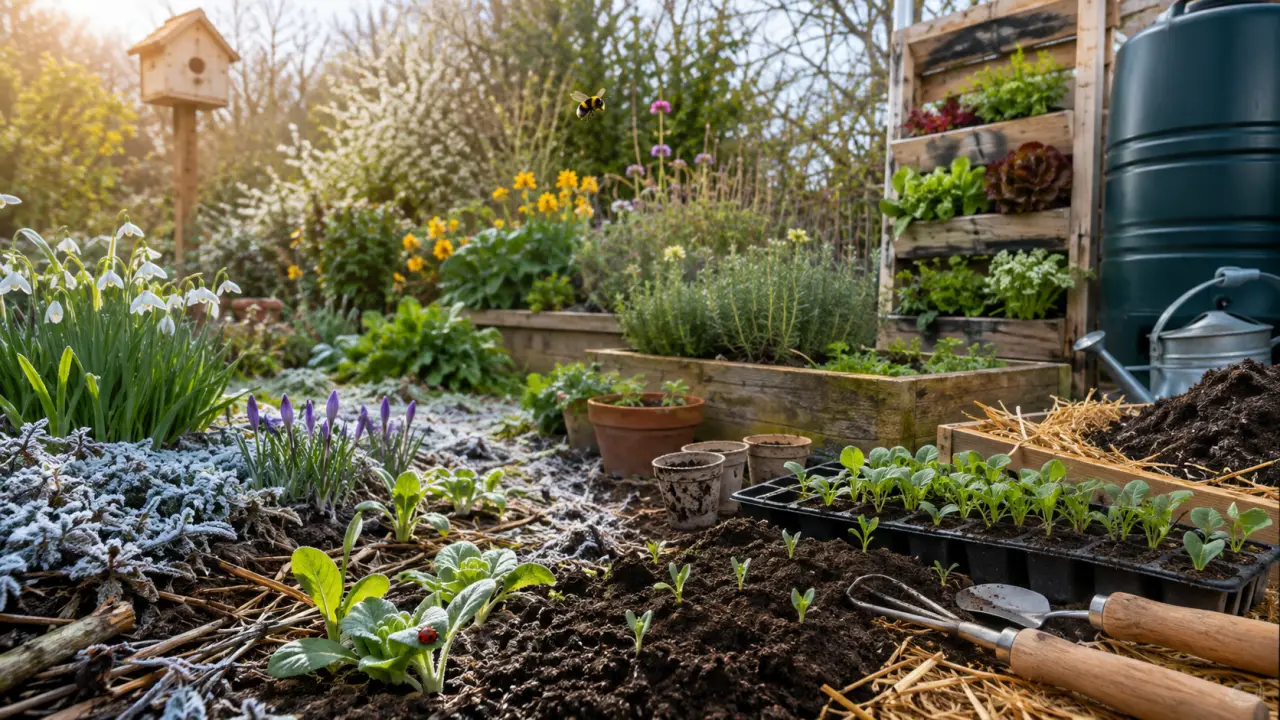 Mains tenant délicatement une jeune pousse avec sa motte de terre, dans une lumière matinale douce