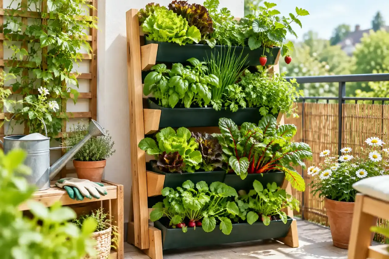 Potager vertical installé sur un balcon avec des plantes aromatiques et des salades