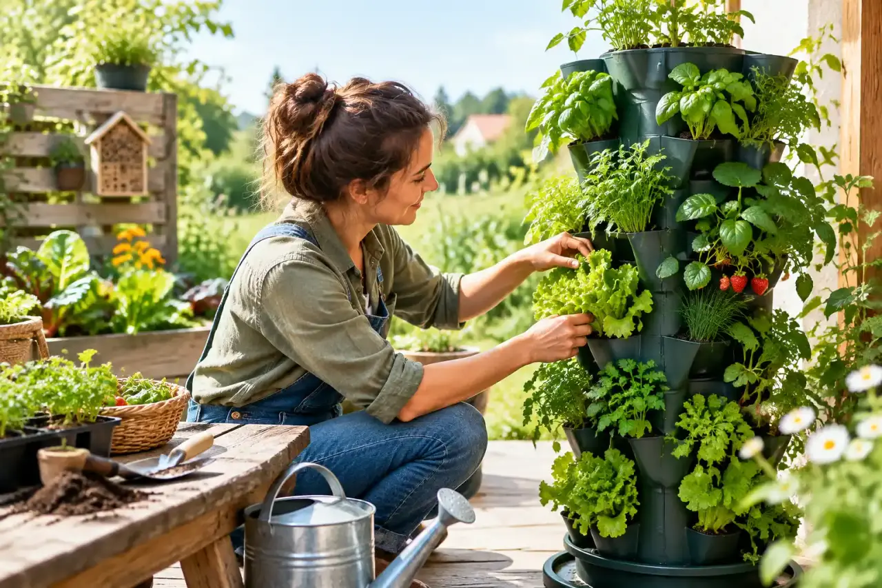 Potager vertical composé d'herbes aromatiques et de jeunes légumes sur un balcon