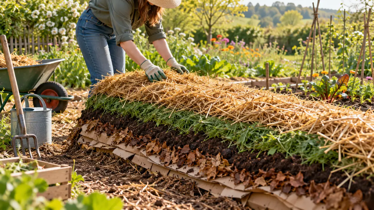 Création d'une butte en lasagnes avec des couches de matières organiques dans un jardin