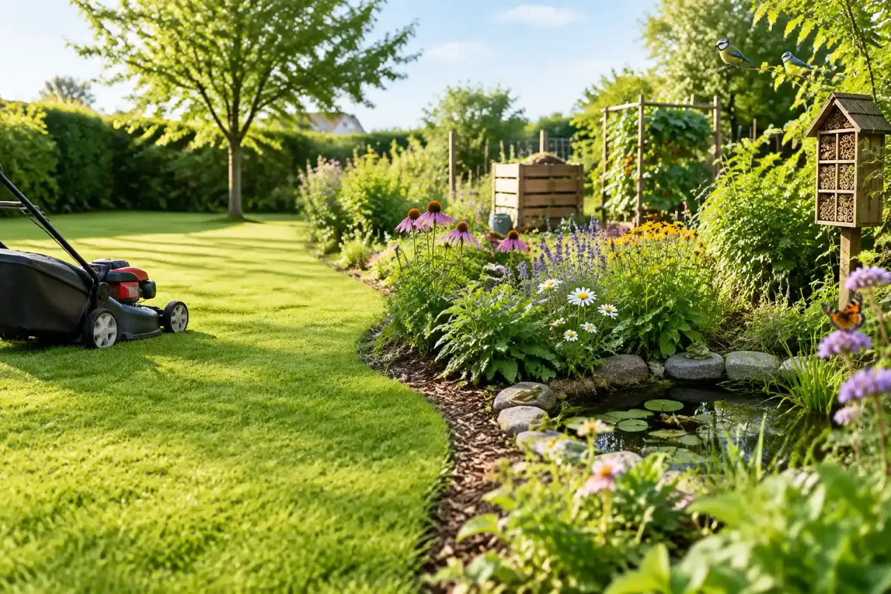 Un jardin naturel en transition avec des herbes hautes et des fleurs sauvages