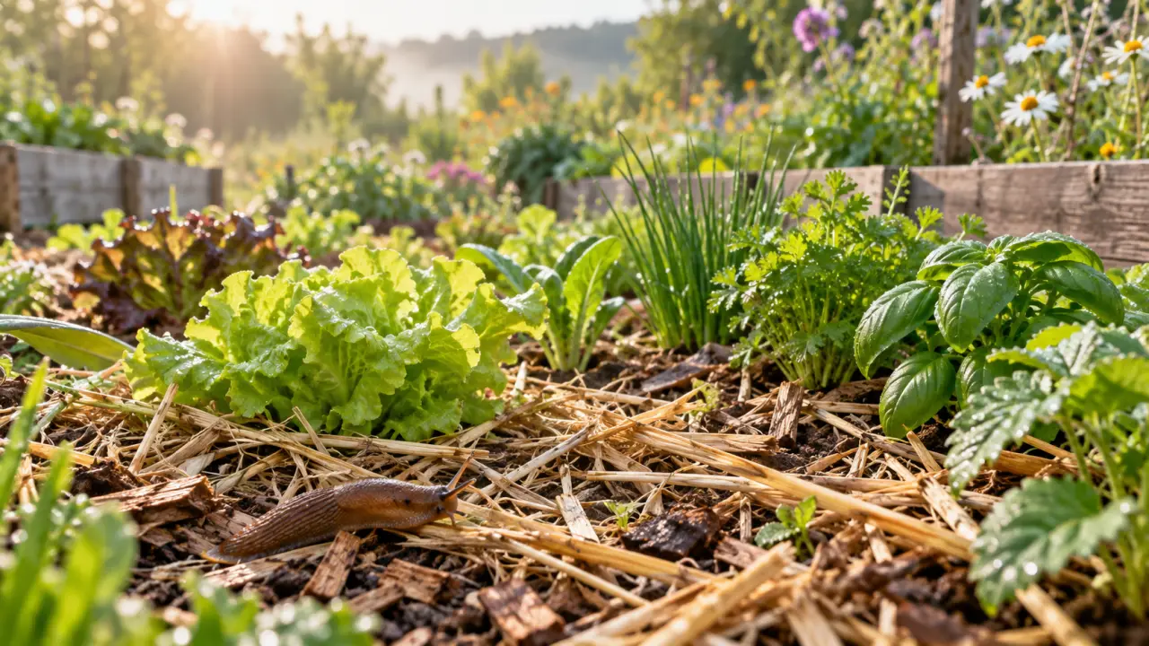 Paillage naturel autour de jeunes plants dans un potager écologique