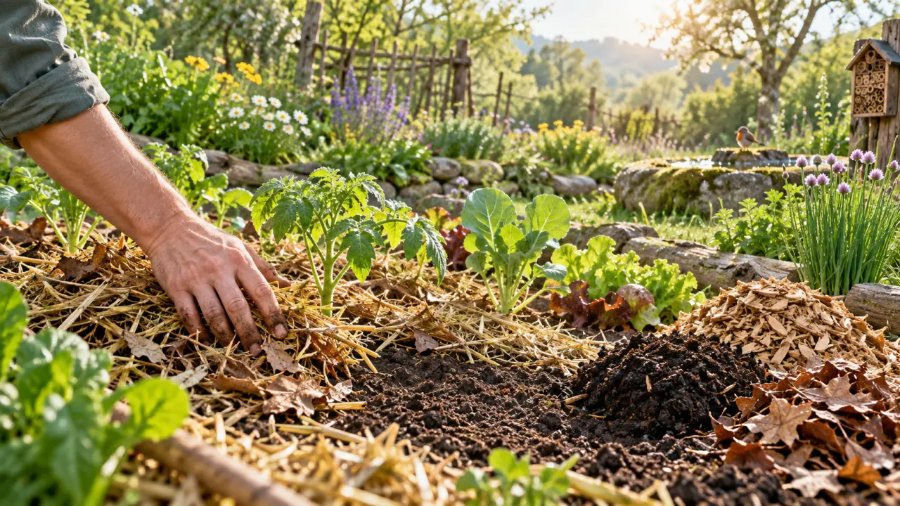 Mains déposant un paillage naturel autour d’une jeune plante dans un jardin