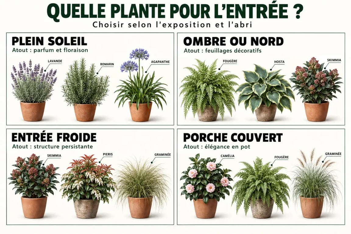 Infographie sur les plantes pour entrée de maison extérieur selon l'exposition