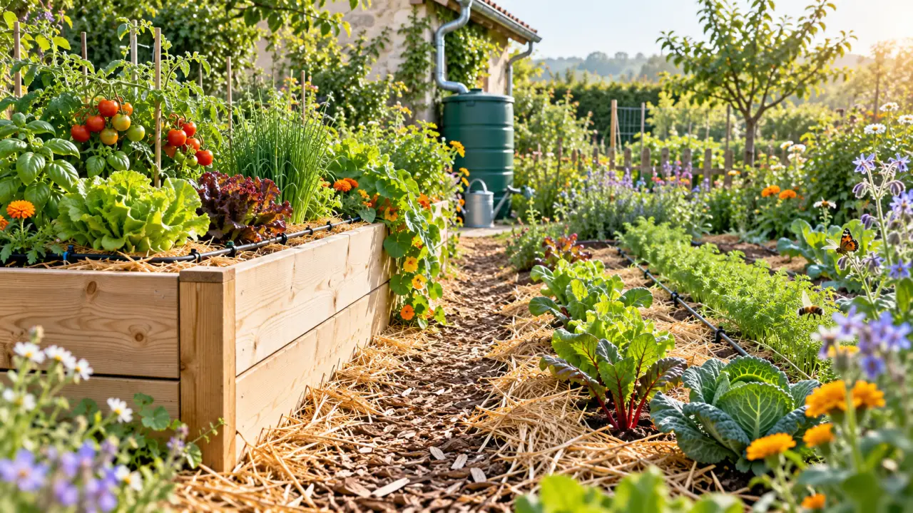 Potager écologique en bac et en pleine terre dans un jardin lumineux