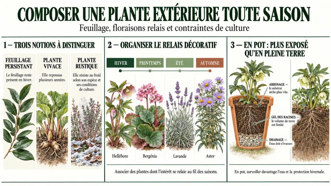Plante extérieur toute saison : différence entre persistante, vivace et rustique et calendrier des intérêts décoratifs