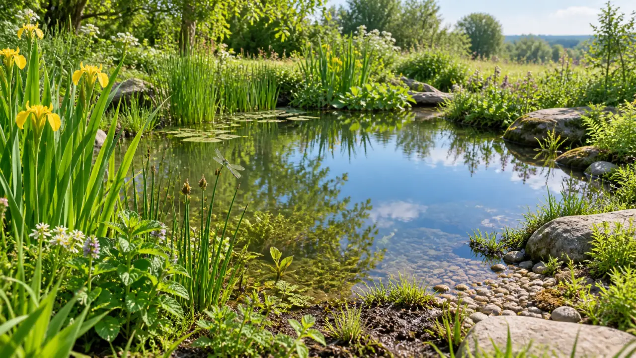 Une magnifique mare sauvage au fond d'un jardin écologique avec des plantes aquatiques et des fleurs