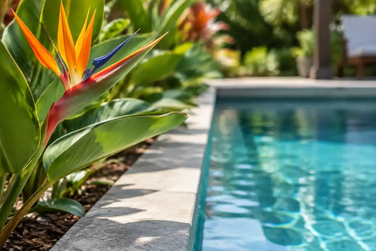 Plante exotique au bord de la piscine : la bonne distance évite les feuilles dans le bassin