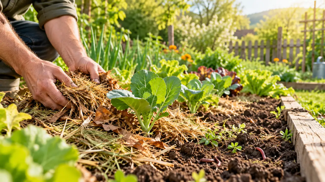 Paillage naturel autour de légumes dans un potager vivant